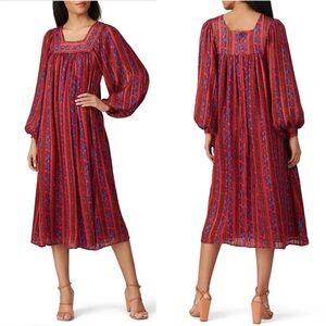 SWEET BABY JAMIE Boho Midi Dress M Red Square Neck Long Sleeve Metallic Floral